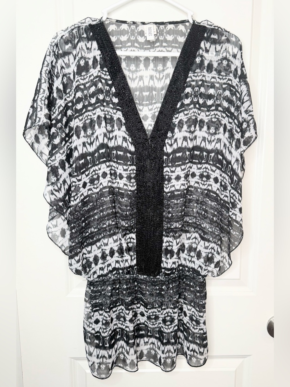 Badgley Mischka Black White Beaded Kaftan Tunic Dress Sheer Boho One Size